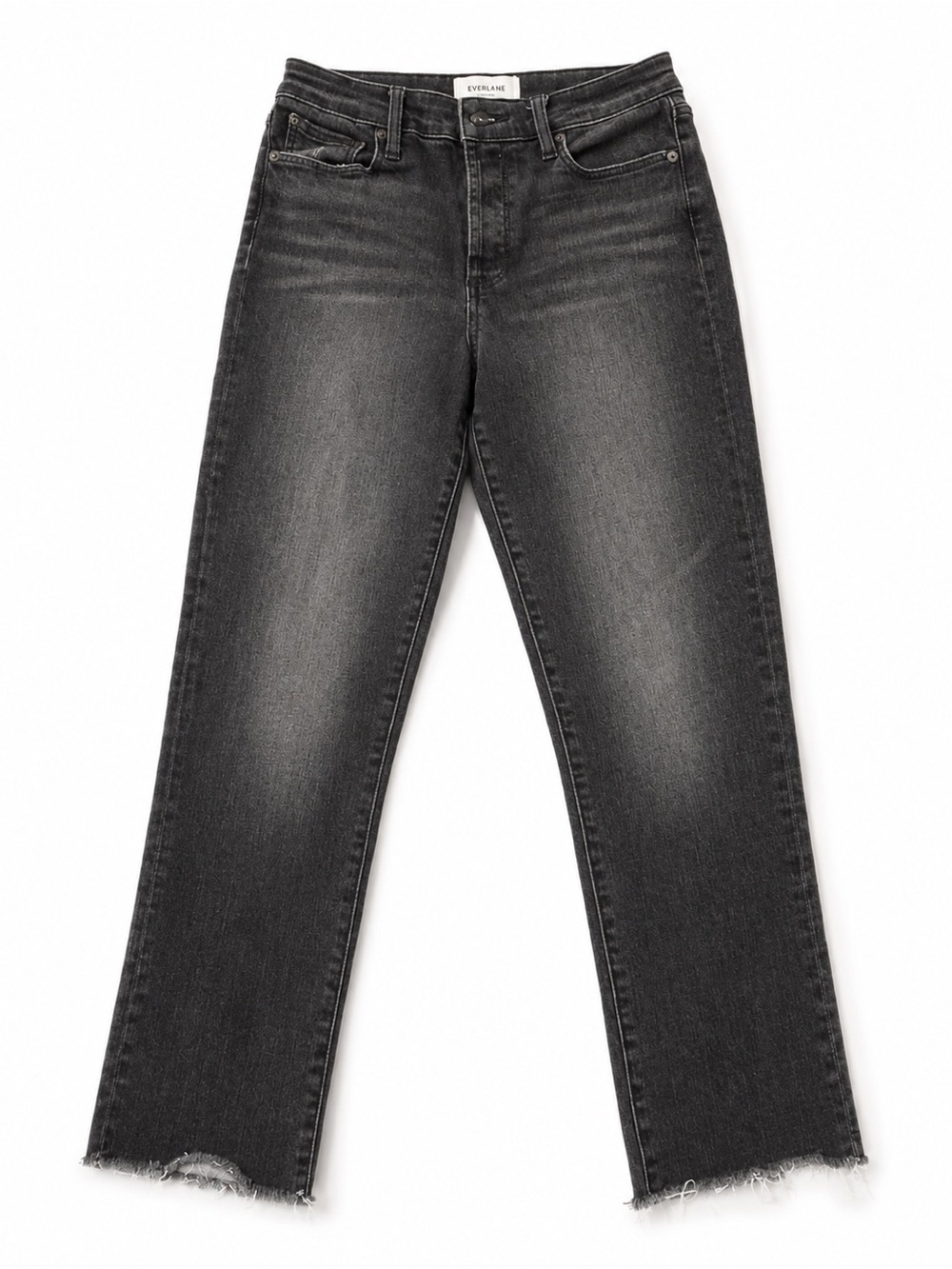 Evereve The Ever Straight High Rise Button Fly Black Raw Hem Jeans Size 26